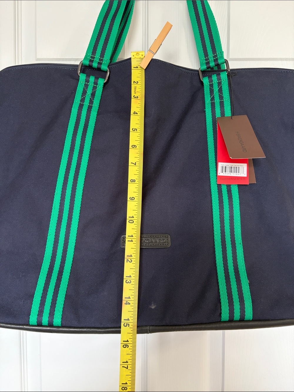 Baekgaard Tom Zipper Tote Navy Canvas Tote with Green Stripe Handles